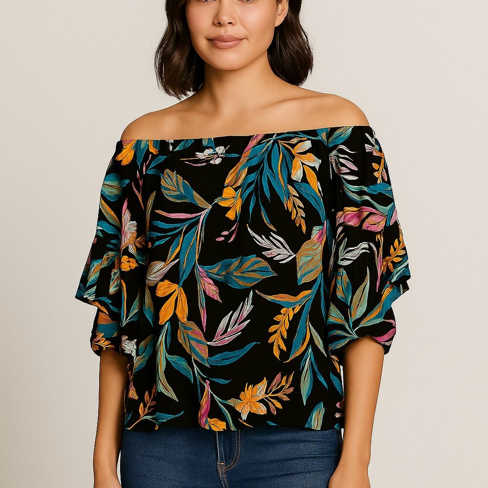Terra & Sky Black Floral Blouse – Size 1X